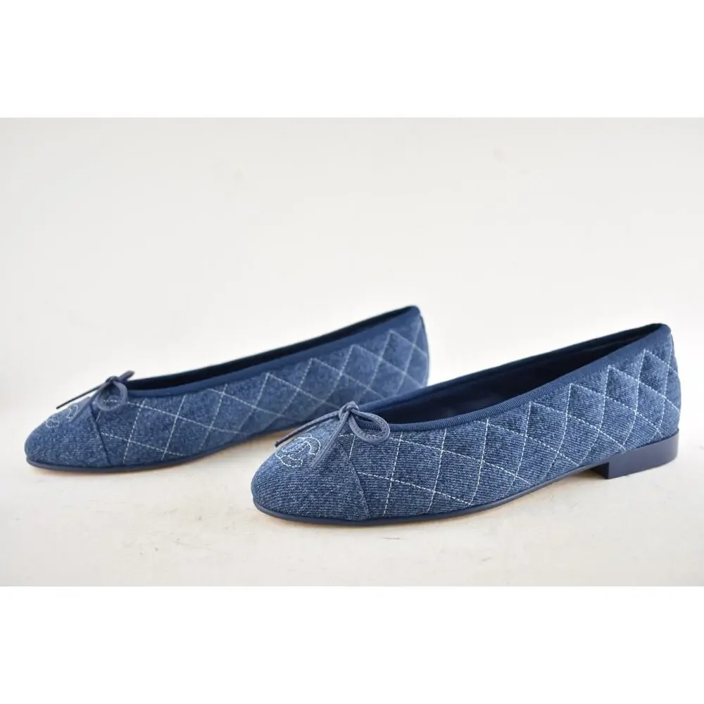 Chanel 26P Washed Denim Blue Quilted CC Logo Bow Tie Ballet Ballerina Flat 35 - Picture 16 of 16